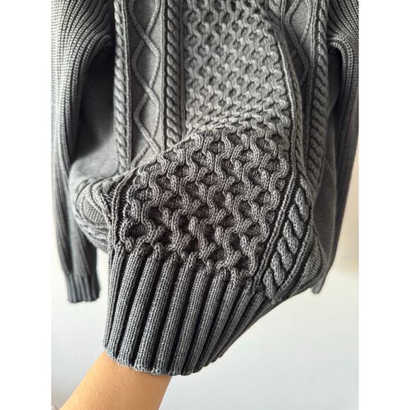 LL Bean Mens Signature Fisherman Cable Knit Sweater Cardigan Charcoal Gray MED - Picture 16 of 16